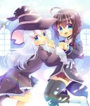  2girls :d :o ahoge bangs black_footwear black_headwear black_legwear black_robe black_skirt blue_eyes blush boots bow braid brown_hair character_request collared_shirt commentary_request cosplay dress_shirt elaina_(majo_no_tabitabi) elaina_(majo_no_tabitabi)_(cosplay) eyebrows_visible_through_hair frilled_skirt frills hair_between_eyes hair_bow hat hibiki_(kantai_collection) holding_hands interlocked_fingers kantai_collection kouu_hiyoyo long_sleeves looking_at_viewer majo_no_tabitabi multiple_girls open_clothes open_mouth open_robe parted_lips pleated_skirt red_bow red_shorts robe shigure_(kantai_collection) shirt short_shorts shorts silver_hair single_braid skirt smile thigh-highs thighhighs_under_boots white_footwear white_shirt wide_sleeves window witch_hat 