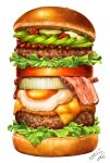  bacon cheese commentary cucumber_slice dated food fried_egg hamburger highres lettuce meat miwa_nagi no_humans original signature simple_background too_much_hamburger white_background 