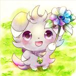  commentary_request espurr fang flower from_above fur gen_6_pokemon grass happy holding holding_flower jewelry kemoribon necklace no_humans open_mouth pokemon pokemon_(creature) smile solo standing tongue violet_eyes 
