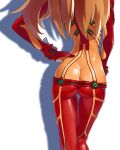  1girl ass bodysuit feet_out_of_frame from_behind hand_on_hip head_out_of_frame highres long_hair mrnn neon_genesis_evangelion orange_hair plugsuit shadow shikinami_asuka_langley shiny shiny_clothes simple_background skin_tight souryuu_asuka_langley standing white_background 
