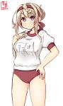  1girl alternate_costume artist_logo blonde_hair braid braided_bangs braided_bun breasts buruma commentary_request cowboy_shot dated disconnected_mouth gym_shirt gym_uniform hand_on_hip hands_on_own_chest highres kanon_(kurogane_knights) kantai_collection looking_at_viewer medium_breasts name_tag perth_(kantai_collection) red_buruma shirt short_hair short_sleeves simple_background solo standing t-shirt violet_eyes white_background white_shirt 