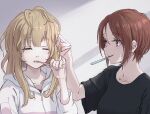  2girls bangs black_shirt blonde_hair brown_hair brushing_teeth closed_mouth collarbone commentary_request eyebrows_visible_through_hair eyelashes fingernails green_eyes grey_background hair_between_eyes half-closed_eye hand_in_another&#039;s_hair hand_up hasisisissy hibike!_euphonium holding holding_toothbrush hood hood_down hoodie long_hair looking_at_another looking_away messy_hair mouth_hold multiple_girls nakagawa_natsuki one_eye_closed parted_bangs parted_lips shiny shiny_hair shirt short_hair short_sleeves sidelocks sleepy sleeves_past_elbows smile thick_eyebrows toothbrush toothbrush_in_mouth two-tone_background upper_body violet_eyes white_background white_hoodie wide_sleeves yoshikawa_yuuko yuri zipper_pull_tab 