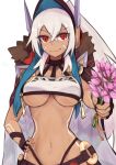  1girl arm_tattoo azur_lane bangs black_gloves breasts closed_mouth crop_top dark-skinned_female dark_skin eyebrows_visible_through_hair facial_mark feet_out_of_frame fingerless_gloves flower gloves hand_on_hip highres holding holding_flower large_breasts long_hair looking_at_viewer marshall_k midriff minneapolis_(azur_lane) navel red_eyes silver_hair smile solo standing tank_top tattoo under_boob white_background white_tank_top 