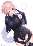  ! 1girl armor armored_boots armored_dress bangs black_dress blush boots breasts copyright_name dress elbow_gloves fate/grand_order fate_(series) faulds glasses gloves hair_over_one_eye large_breasts mash_kyrielight mishima_kurone open_mouth pink_hair simple_background solo spoken_exclamation_mark thigh-highs thigh_boots two-tone_background violet_eyes 