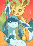  :d aqua_eyes brown_eyes closed_mouth commentary_request emunise gen_4_pokemon glaceon gradient gradient_background leafeon no_humans one_eye_closed open_mouth paws pokemon pokemon_(creature) smile yellow_fur 