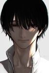 1boy black_eyes black_hair chainsaw_man closed_mouth dated earrings face fucodoku grey_background half-closed_eyes highres jewelry male_focus mole mole_under_mouth signature simple_background smile solo twitter_username upper_body yoshida_hirofumi zipper
