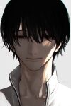  1boy black_eyes black_hair chainsaw_man closed_mouth dated earrings face fucodoku grey_background half-closed_eyes highres jewelry male_focus mole mole_under_mouth signature simple_background smile solo twitter_username upper_body yoshida_hirofumi zipper 