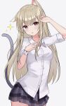  1girl :o animal_ears arm_up bangs black_skirt blonde_hair blush breasts cat_ears cat_girl cat_tail collared_shirt commentary_request cowboy_shot eyebrows_visible_through_hair grey_background hand_up highres long_hair looking_at_viewer medium_breasts miniskirt nagisa_(cxcx5235) open_mouth original plaid plaid_skirt pleated_skirt red_eyes school_uniform shirt short_sleeves skirt sleeves_folded_up solo sparkle tail tail_raised white_shirt wing_collar wrist_cuffs 