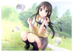  1girl :o akiyama_mio bangs black_eyes black_hair black_legwear blue_ribbon blurry blurry_background border bubble collared_shirt day floating_hair grey_skirt hair_between_eyes holding k-on! kneehighs long_hair looking_at_viewer miniskirt neck_ribbon open_mouth outdoors outside_border pixiv_id pleated_skirt ribbon sakuragaoka_high_school_uniform school_uniform shiny shiny_hair shirt short_sleeves skirt solo squatting tina_(pixiv37050289) twitter_username very_long_hair vest watermark white_border white_shirt wing_collar yellow_vest 