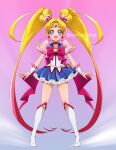  1girl abraham_perez absurdres artist_name bishoujo_senshi_sailor_moon blonde_hair english_commentary gradient_hair highres long_hair looking_at_viewer magical_girl multicolored_hair open_hands open_mouth parody precure redhead sailor_moon smile solo style_parody twintails very_long_hair watermark 