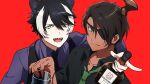  2boys :d animal_ears aragami_ouga black_hair black_shirt black_vest closed_mouth commentary_request copyright_name cup dark_skin dark_skinned_male eyepatch green_eyes green_neckwear highres holding holding_cup holostars horns jackal_ears kageyama_shien long_sleeves looking_at_viewer male_focus multicolored_hair multiple_boys necktie open_mouth purple_shirt red_background sharp_teeth shirt short_hair simple_background single_horn smile streaked_hair teeth upper_body vest virtual_youtuber white_hair yellow_eyes yufu_toyomimasu 