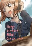  1girl artist_name bangs blue_jacket brown_eyes brown_hair character_name clouds cloudy_sky commentary dated day english_text eyebrows_visible_through_hair frown girls_und_panzer green_shirt hand_on_headphones hand_on_own_throat happy_birthday headphones highres jacket kuroneko_douji long_sleeves looking_to_the_side military military_uniform nishizumi_miho ooarai_military_uniform open_mouth outdoors shirt short_hair signature sky solo tank_cupola throat_microphone uniform 