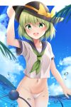  1girl absurdres bikini blush breasts clouds collarbone dress eyebrows_visible_through_hair green_eyes green_hair green_neckwear groin hat highres komeiji_koishi looking_at_viewer navel neckerchief ocean open_mouth outdoors sailor_dress shiny shiny_hair shiny_skin short_hair sky small_breasts smile solo swimsuit swimwear teeth touhou upper_teeth utekiro white_bikini 