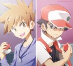  2boys badge baseball_cap black_hair black_shirt blue_oak brown_hair collarbone commentary_request hat holding holding_poke_ball indoors jacket jewelry kakiuchi_itsuki looking_to_the_side male_focus multiple_boys necklace open_mouth parted_lips poke_ball poke_ball_(basic) pokemon pokemon_(game) pokemon_rgby purple_shirt red_(pokemon) shirt short_sleeves smile spiky_hair split_screen teeth tongue 