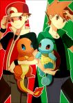  2boys bangs baseball_cap blue_oak brown_hair charmander closed_mouth commentary_request gen_1_pokemon green_shirt hat himari_g_(sr) holding holding_pokemon jacket jewelry looking_at_viewer male_focus multiple_boys necklace pants pokemon pokemon_(creature) pokemon_origins red_(pokemon) red_eyes shirt short_sleeves spiky_hair squirtle zipper_pull_tab 