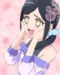  1girl :d bare_shoulders black_hair blue_scrunchie blush grey_eyes hair_ornament hair_scrunchie hands_on_own_cheeks hands_on_own_face hands_up haruyama_kazunori healin&#039;_good_precure heart heart_background open_mouth pink_background precure sawaizumi_chiyu scrunchie short_hair smile solo sparkling_eyes 