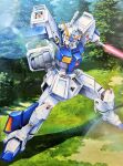  aiming aiming_at_viewer arm_cannon beam_saber clenched_hand green_eyes gundam gundam_0080 gundam_alex holding holding_sword holding_weapon mecha mutaguchi_hiroki no_humans solo sword v-fin weapon 