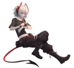  1girl alternate_costume antennae arknights bandages bangs belt black_belt black_footwear black_pants black_shirt boots collarbone commentary crop_top erhuo full_body horns midriff mouth_hold nail_polish navel pants pouch red_eyes red_nails shirt short_hair short_sleeves silver_hair simple_background solo tail w_(arknights) white_background wrist_wrap 