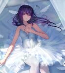  1girl absurdres alice_gear_aegis ballerina bed commentary_request diamond_(gemstone) feathers highres lying nikotama_mai on_back open_mouth purple_hair purple_nails sigma-z solo tiara tutu violet_eyes 