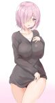  1girl black_panties blush breasts collarbone eyebrows_visible_through_hair fate/grand_order fate_(series) gradient gradient_background grey_sweater hair_over_one_eye highres large_breasts long_sleeves looking_at_viewer mash_kyrielight no_pants panties parted_lips pink_background pink_hair saku_(kudrove) short_hair simple_background solo sweater underwear upper_body violet_eyes white_background 