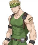  1boy bara bare_arms bare_shoulders blonde_hair bodysuit bulge chest covered_abs covered_nipples facial_hair green_bodysuit green_hairband hairband kienbiu male_focus muscle original punt_(kienbiu) short_hair sleeveless solo spiky_hair stubble thick_thighs thighs 
