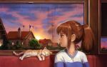  1girl absurdres bangs bench blue_shirt blush brown_eyes brown_hair bush cat chimney closed_mouth clouds cloudy_sky curtains elvafirst french_flag ground_vehicle hair_between_eyes hair_ribbon highres house huge_filesize italy jewelry looking_out_window necklace ogino_chihiro red_ribbon ribbon sen_to_chihiro_no_kamikakushi shirt short_hair short_ponytail sidelocks sitting sky sleeping solo striped striped_shirt sunset t-shirt tied_hair train tree upper_body utility_pole white_shirt window 