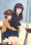  2girls black_hair blush brown_eyes brown_hair chair classroom desk frown highres hug indoors legs medium_hair mishido_sun multiple_girls open_mouth original school_desk school_uniform short_hair short_twintails sidelocks sitting sitting_on_lap sitting_on_person skirt socks thighs twintails violet_eyes yuri 