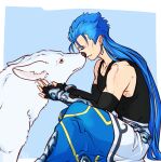  1boy 1other animal belt biceps blue_hair bracelet closed_eyes cu_chulainn_(fate)_(all) cu_chulainn_(fate/grand_order) dog earrings elbow_gloves fate/grand_order fate_(series) fingerless_gloves from_side gloves greaves jewelry keyhof long_hair male_focus sitting skin_tight smile spiky_hair tank_top type-moon vambraces white_wolf wolf 