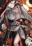  1girl absurdres alternate_costume bangs black_kimono eyebrows_visible_through_hair floral_print fox_mask g11_(girls_frontline) girls_frontline grey_hair hair_between_eyes hair_ornament highres japanese_clothes kimono kuro_(zhurunbo1997) lantern long_hair long_sleeves lying mask mask_on_head no_panties obi on_back open_mouth sandals sash solo tears wide_sleeves 