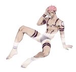  1boy abs black_briefs black_hair black_nails briefs bulge chest fingernails full_body full_body_tattoo highres itadori_yuuji jujutsu_kaisen looking_at_viewer male_focus mo_si_(z1216150815) multicolored_hair muscle nipples partially_submerged pink_hair red_eyes ryoumen_sukuna_(jujutsu_kaisen) sharp_fingernails sharp_toenails short_hair spread_legs tattoo toenails toned toned_male two-tone_hair underwear underwear_only wet 