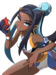  1girl belly_chain black_hair blue_eyes blue_hair breasts dark_skin earrings eyeshadow gloves gym_leader holding holding_poke_ball hoop_earrings jewelry long_hair makeup medium_breasts multicolored_hair nessa_(pokemon) partially_fingerless_gloves poke_ball poke_ball_(basic) pokemon pokemon_(game) pokemon_swsh purple_eyeshadow simple_background single_glove solo suzu-batsu swimsuit tankini two-tone_hair very_long_hair white_background wristband 