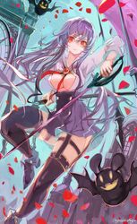  1girl black_legwear breasts clock clock_tower high-waist_skirt highres holding holding_sheath holding_sword holding_weapon large_breasts long_hair long_sleeves nagasawa_tougo open_clothes open_shirt original petals pointy_footwear purple_hair red_eyes rose_petals saber_(weapon) sheath shirt shirt_tucked_in shoes skirt solo sword thigh-highs tower weapon white_shirt 