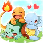  blush bulbasaur charmander closed_eyes closed_mouth commentary_request fangs fire flame gen_1_pokemon grass heart highres lying ni_hoshi on_stomach one_eye_closed open_mouth pokemon pokemon_(creature) red_eyes sitting smile squirtle starter_pokemon_trio tongue 