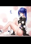  1girl absurdres asymmetrical_bangs bangs bare_legs black_dress blue_eyes blue_hair blush breasts bug butterfly closed_mouth commentary doremy_sweet dress full_body hair_between_eyes highres insect letterboxed light_particles long_hair looking_at_viewer medium_breasts parted_bangs pom_pom_(clothes) ponytail scrunchie simple_background sitting smile socks solo thighs touhou white_background white_footwear yomare 