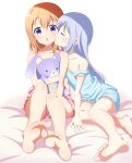  2girls barefoot bed_sheet blue_hair blush closed_eyes collarbone dress gochuumon_wa_usagi_desu_ka? highres hoto_cocoa hug imminent_kiss kafuu_chino long_hair medium_hair multiple_girls nanowise orange_hair shoulders simple_background sitting soles stuffed_animal stuffed_bunny stuffed_toy surprised toes violet_eyes white_background yuri 