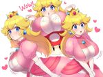  1girl alternate_breast_size blonde_hair blue_eyes blush breast_rest breasts crown dress earrings elbow_gloves english_text gloves heart huge_breasts jewelry kinakosuki lips long_hair looking_at_viewer super_mario_bros. multiple_views open_mouth pink_dress princess_peach simple_background upper_teeth white_background 