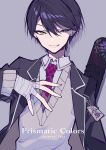  1boy :d absurdres bandaged_hands bandages bangs black_hair black_jacket blazer character_name collared_shirt eyebrows_visible_through_hair green_eyes grey_background grey_sweater hair_between_eyes hand_up highres jacket kenmochi_touya long_sleeves looking_at_viewer male_focus mochizuki_kei necktie nijisanji open_blazer open_clothes open_jacket open_mouth plaid_neckwear red_neckwear school_uniform shirt simple_background smile solo sweater upper_body upper_teeth virtual_youtuber white_shirt 