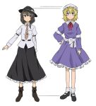  2girls black_footwear black_skirt blonde_hair blue_eyes boots bow brown_eyes brown_footwear brown_hair fedora graphite_(medium) hat height_difference jewelry kannari long_skirt maribel_hearn mary_janes mob_cap multiple_girls necklace necktie purple_shirt purple_skirt red_neckwear shirt shoes short_hair skirt touhou traditional_media usami_renko white_bow white_shirt 