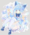  1girl \n/ alternate_costume animal_ears animal_hat bloomers blue_dress blue_eyes blue_footwear blue_hair blue_headwear blue_neckwear blush_stickers bow bowtie capelet cat_ears cat_hat cirno detached_wings double_\n/ dress fake_animal_ears full_body grey_background grey_bow hat hat_bow highres holding ice ice_wings jack-o&#039;-lantern jack-o&#039;-lantern_print looking_at_viewer mary_janes nikorashi-ka shoes short_hair solo string_of_flags symbol_commentary thigh-highs touhou underwear white_legwear wings wrist_cuffs 