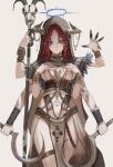  1girl absurdres bracelet extra_arms eyebrows_visible_through_hair feather_trim gold_can halo hands_on_own_chest highres holding holding_staff hood hood_up horns jewelry key lock looking_at_viewer navel necklace original padlock redhead sickle skull solo staff tattoo violet_eyes 