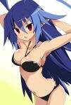  1girl absurdres ahoge blue_hair blush breasts disgaea disgaea_d2 eyebrows_visible_through_hair highres iwashi_dorobou_-r- laharl-chan large_breasts long_hair looking_at_viewer navel open_mouth pointy_ears red_eyes slit_pupils very_long_hair 