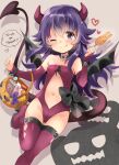  1girl akatsuki_(kantai_collection) alternate_costume bat_wings bridal_gauntlets candy chocolate chocolate_bar choker commentary_request demon_girl demon_horns demon_tail demon_wings food hair_between_eyes halloween_costume highres hizuki_yayoi horns jack-o&#039;-lantern kantai_collection leotard lollipop long_hair messy_hair navel pocky purple_hair purple_legwear purple_leotard solo sweets tail thigh-highs trick_or_treat violet_eyes wings 