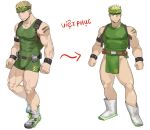  1boy alternate_costume bara bare_arms bare_shoulders blonde_hair bodysuit bulge chest covered_abs covered_nipples facial_hair green_bodysuit green_hairband hairband kienbiu leather male_focus muscle original pelvic_curtain punt_(kienbiu) short_hair sideburns sleeveless solo spiky_hair stubble taut_clothes thick_thighs thighs white_footwear 