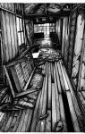  abandoned absurdres cluseller commentary greyscale highres huge_filesize indoors letterboxed monochrome no_humans original rubble scenery table traditional_media window wooden_floor 