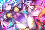  2girls armlet armor bangs bare_shoulders bikini_armor bracelet breasts collar david_lee detached_sleeves dress earrings fate/extra fate/extra_ccc fate/grand_order fate_(series) floral_print hair_ribbon halo jewelry kama_(fate/grand_order) large_breasts long_hair looking_at_viewer metal_collar multiple_girls pelvic_curtain purple_dress purple_legwear purple_sleeves red_eyes red_ribbon ribbon ring sesshouin_kiara silver_hair smile thigh-highs thighlet thighs 