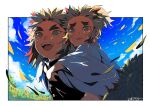  2boys :d black_jacket blonde_hair border brothers carrying commentary crying crying_with_eyes_open dated day flower happy_tears jacket japanese_clothes kimetsu_no_yaiba kimono kinako_(462) long_sleeves looking_away male_focus medium_hair multicolored_hair multiple_boys open_mouth outdoors piggyback redhead rengoku_kyoujurou rengoku_senjurou siblings sky smile spiky_hair sunflower tears two-tone_hair uniform upper_body upper_teeth white_border white_kimono wide_sleeves yellow_eyes 