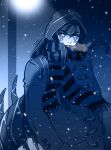  1boy alternate_costume blue_theme bodypaint breath cu_chulainn_(fate)_(all) cu_chulainn_alter_(fate/grand_order) facepaint fate/grand_order fate_(series) hand_in_pocket hidden_mouth hood jacket keyhof male_focus monochrome monster_boy scarf snow solo spikes tail type-moon winter 