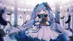  1girl bangs black_bow black_feathers black_gloves blue_bow blue_eyes blue_flower blue_hair blue_rose book bow closed_mouth commentary coria dress eyebrows_behind_hair feathers flower gloves hair_bow hair_flower hair_ornament hatsune_miku highres holding holding_book indoors long_hair looking_at_viewer pillar pleated_dress rose short_sleeves solo symbol_commentary twintails v-shaped_eyebrows very_long_hair vocaloid white_dress window 