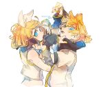  1boy 1girl 8&#039;108 adjusting_collar arm_warmers bangs black_collar blonde_hair bloom blue_eyes bow collar crop_top dated from_behind hair_bow hair_ornament hairclip hands_up kagamine_len kagamine_rin looking_at_viewer nail_polish necktie open_mouth sailor_collar school_uniform shirt short_hair short_ponytail short_sleeves spiky_hair swept_bangs upper_body vocaloid white_background white_bow white_shirt yellow_nails yellow_neckwear 