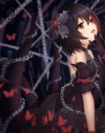  1girl absurdres bare_back bare_shoulders black_hair bug butterfly chain detached_sleeves dress frills gloves hair_ornament hand_on_own_chin highres honkai_(series) honkai_impact_3rd insect milira open_mouth red_eyes seele_vollerei short_hair smile straight_hair tentacles 